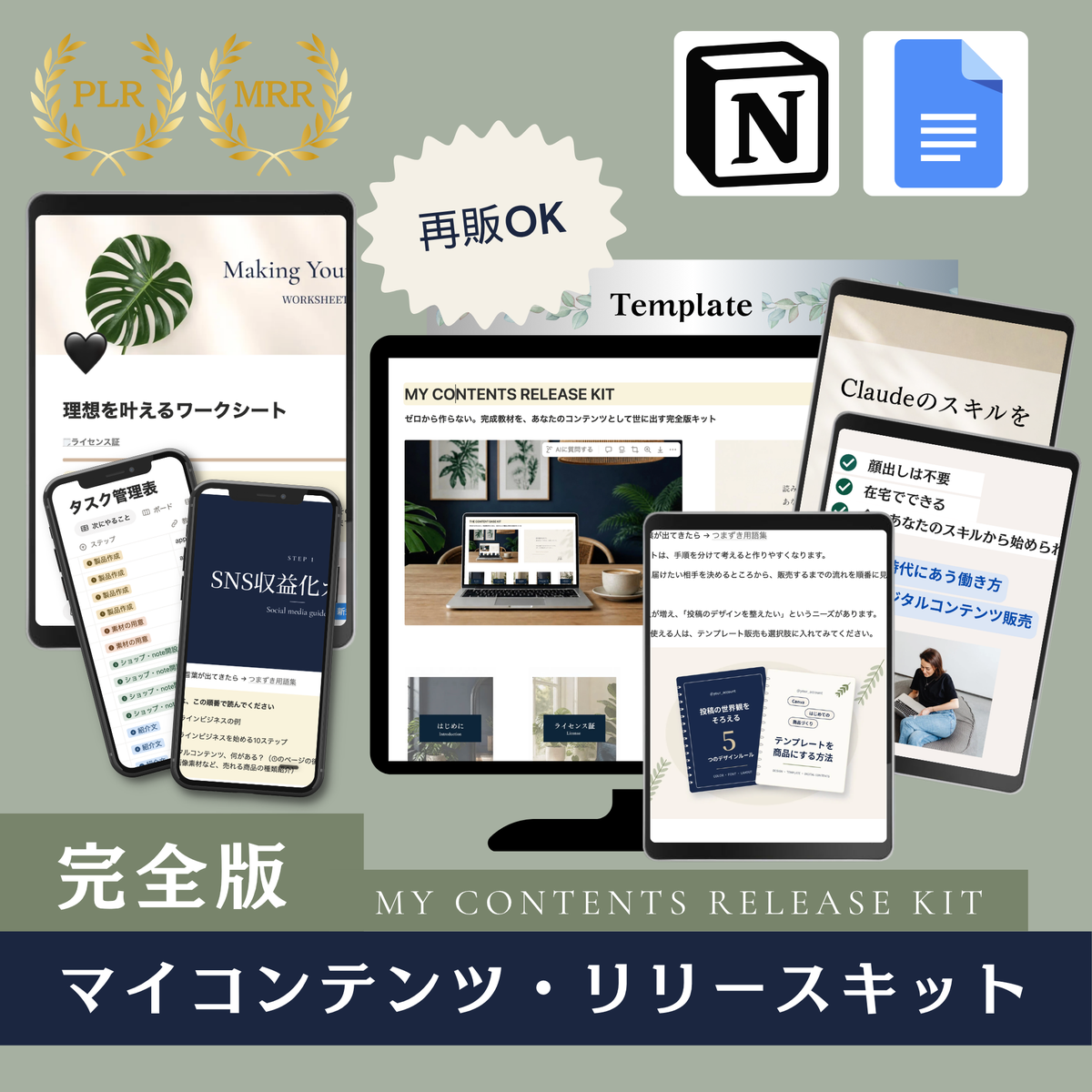完全版セット：Notion版・ドキュメント版の画面と、ワークシート・Canvaテンプレート・AIスキル